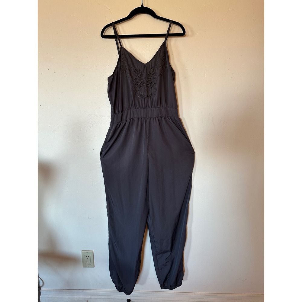 Angie Gray Embroidered Eyelet Jumpsuit Sleeveless Smocked Waist Large
